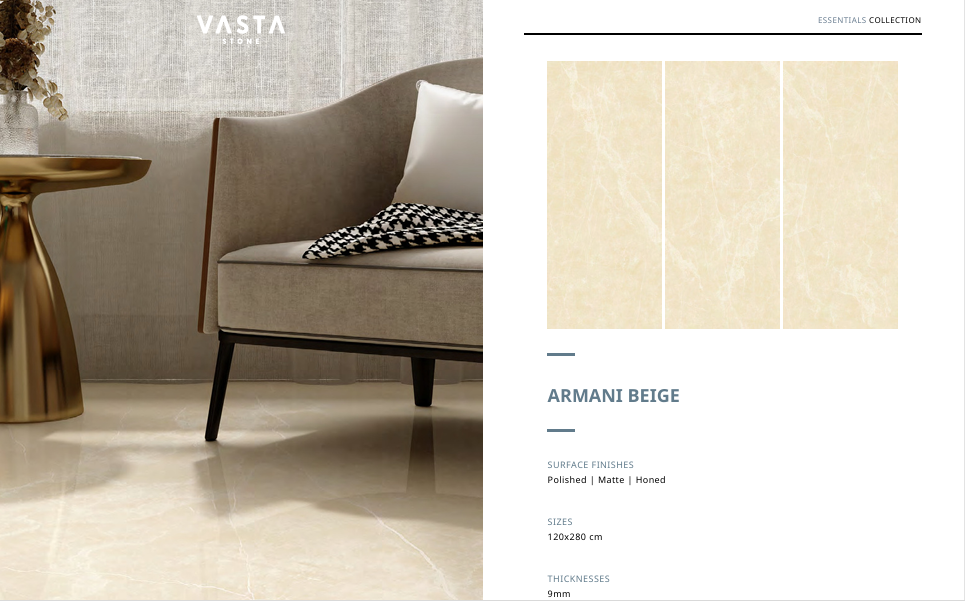 Không gian phòng khách sang trọng sử dụng đá nung kết Armani Beige của Vasta Stone – gam màu be ngà tinh tế, tôn lên vẻ ấm áp và đẳng cấp cho nội thất hiện đại.