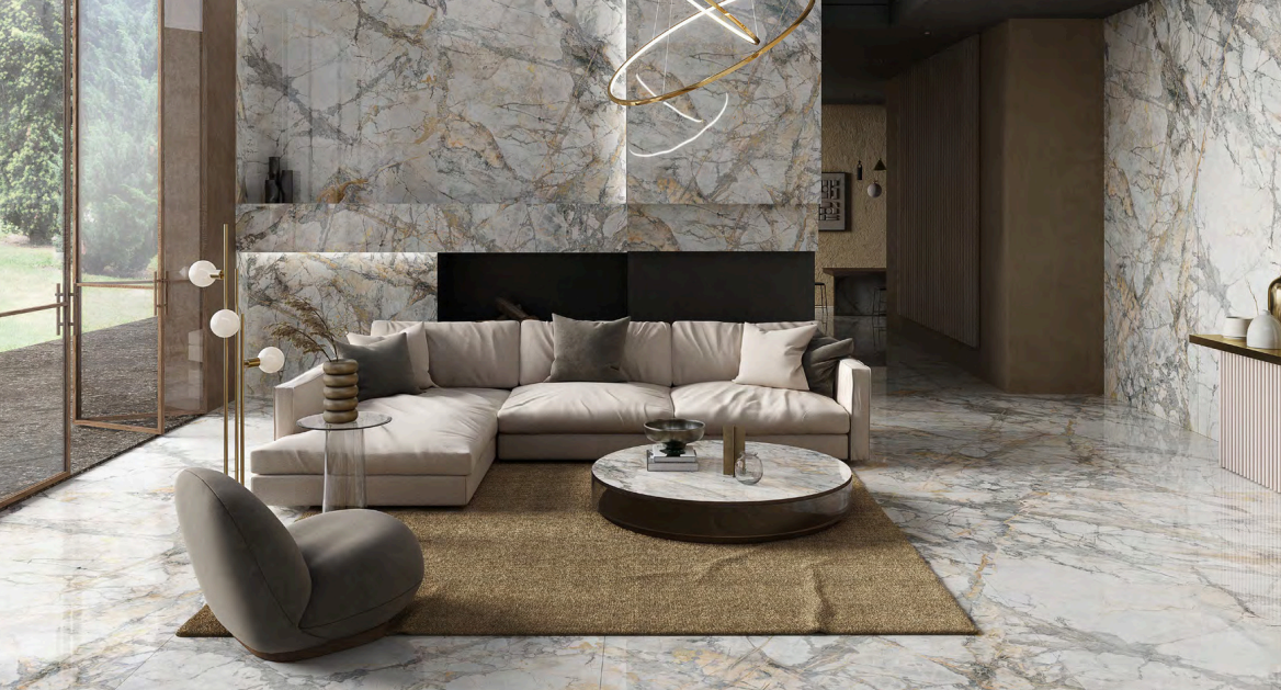 Đá nung kết Invisible Gold nền trắng vân xám ánh vàng sang trọng, kích thước 1600x3200mm, bề mặt bóng mịn nhám.