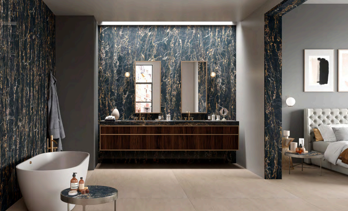 Đá nung kết Portoro gold với vân vàng óng ánh trên nền đen sang trọng