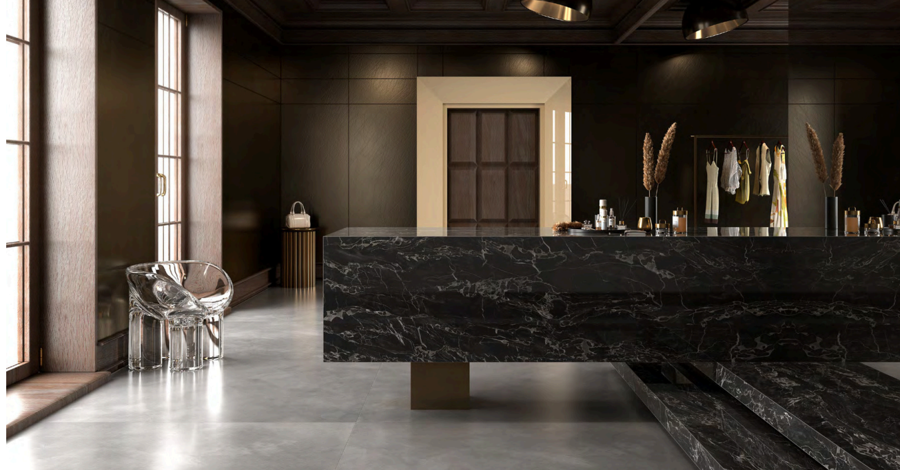 Đá nung kết Portoro silver sang trọng, kích thước lớn 1600x3200mm, phù hợp mọi ứng dụng nội thất và ngoại thất.